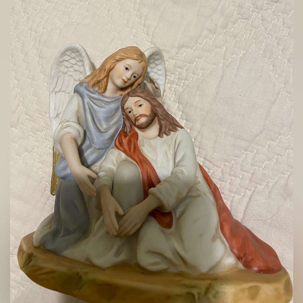 Home Interiors Angel and Jesus Figurine - Blue, Red, Gold